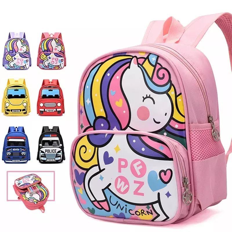 Tas Ransel Anak PAUD TK Motif Unicorn Poni Mobil Truck Truk Polisi Police Lucu Warna Cerah 2 Resleting