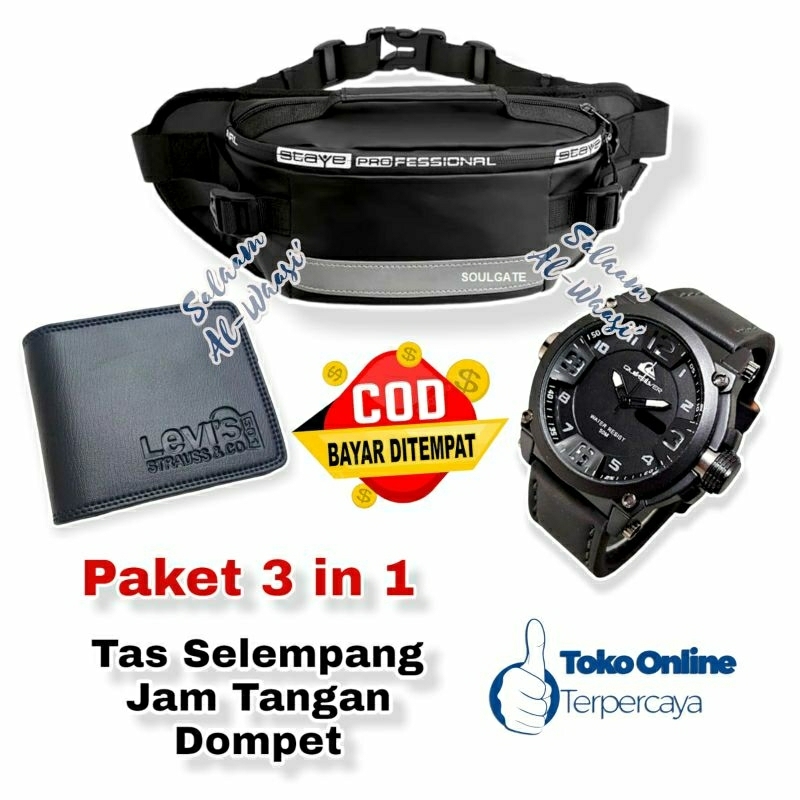 Tas Selempang Pria Gratis Jam Tangan Tali Semi Kulit + Gesper Nilon dan Dompet Pendek Lipat Dua Fashion Pria Waistbag Viral Kado Cowok Termurah Paket Hampers Buat Cowok Jam Tangan Kasual Laki-laki Dompet Kulit