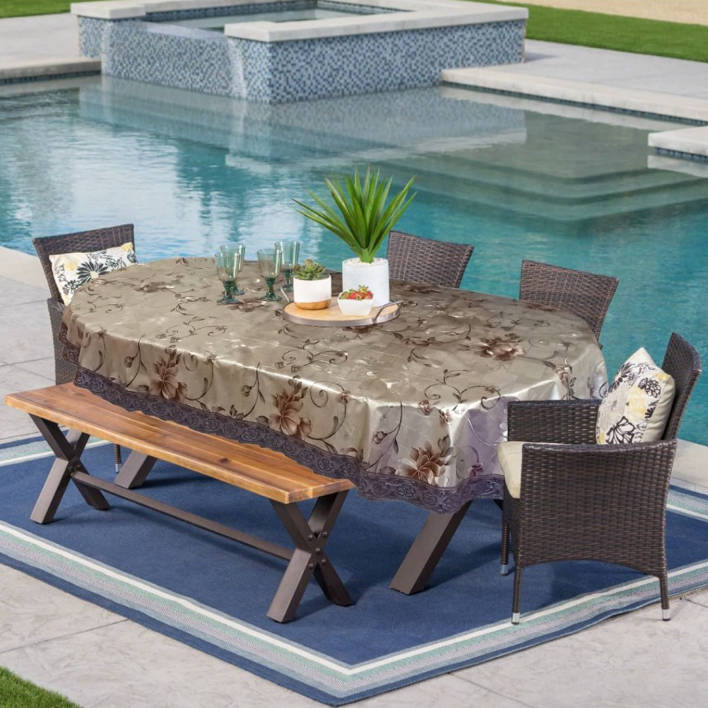 [✅COD] TAPLAK MEJA MAKAN OVAL 6 KURSI MOTIF BUNGA SHABBY