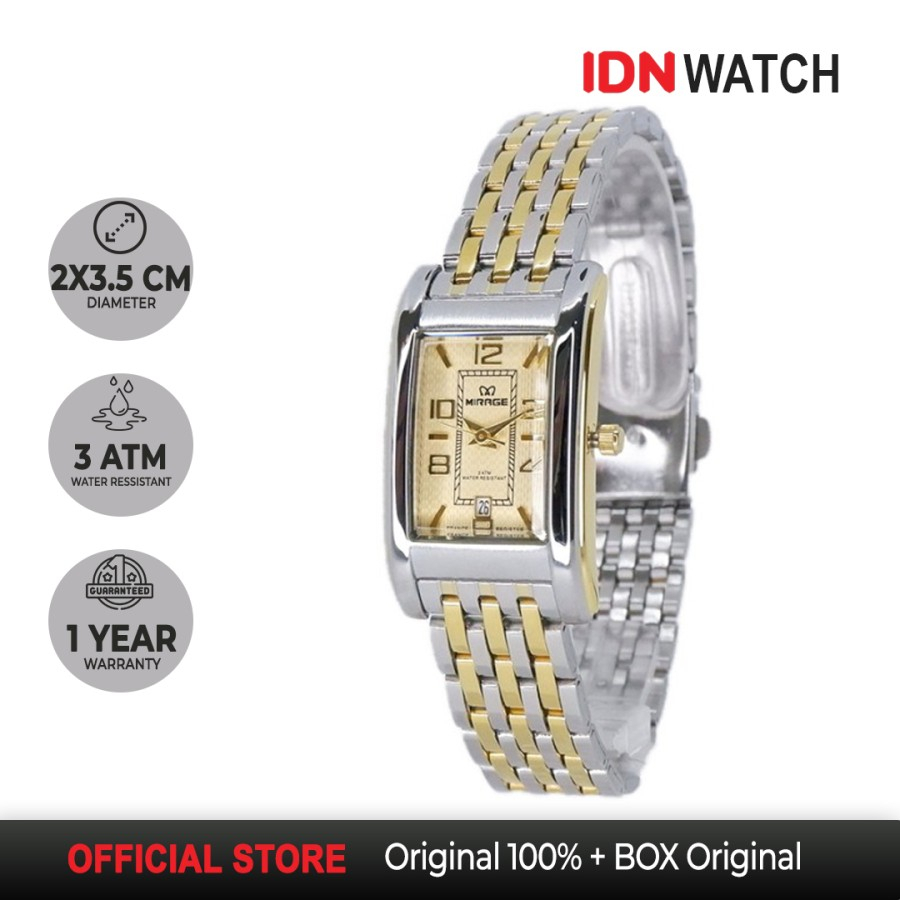 Jam Tangan Mirage Analog Wanita Mewah Elegant Garansi 1 Tahun Kombinasi Silver Gold 7396L