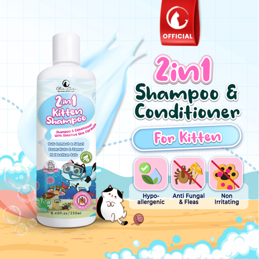 Olive Care Shampo Kucing KITTEN 2in1 SHAMPOO &amp; CONDITIONER untuk Atasi Jamur, Kutu, Bulu Rontok, Pelebat Bulu Anak Kucing