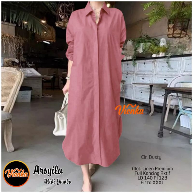 Arsyila Midi Jumbo Ld 140 By Vienka Bahan Linen Fit to XXXL [ READY COD ]