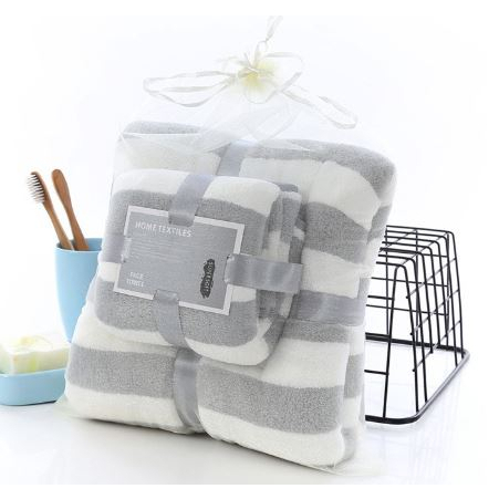 Handuk Mandi 2in1 Motif Garis Super Lembut Bahan Cotton, Menyerap Air - WORLDHOME