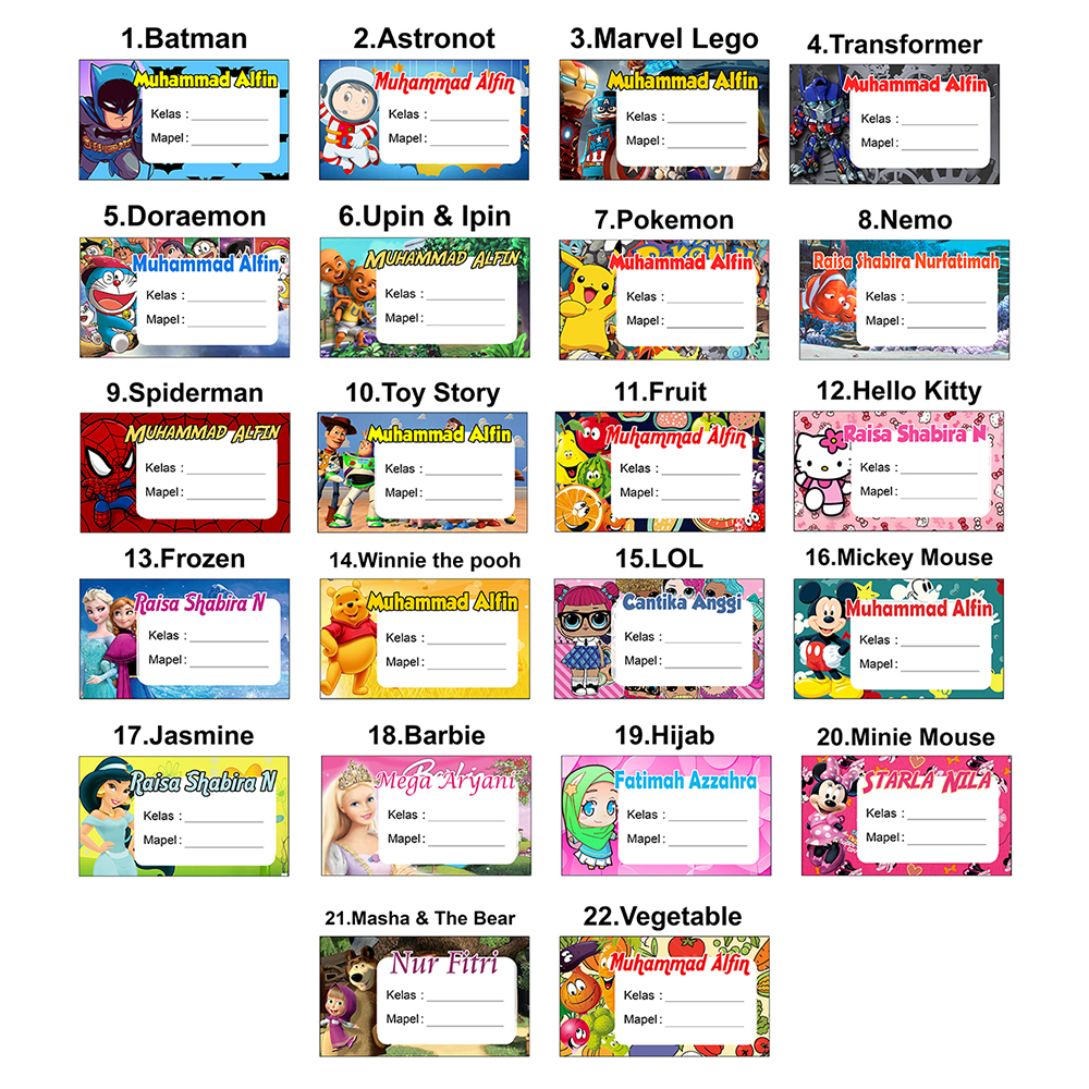 

isi 20 pcs Stiker Label Nama Karakter Lucu Stiker Mapel