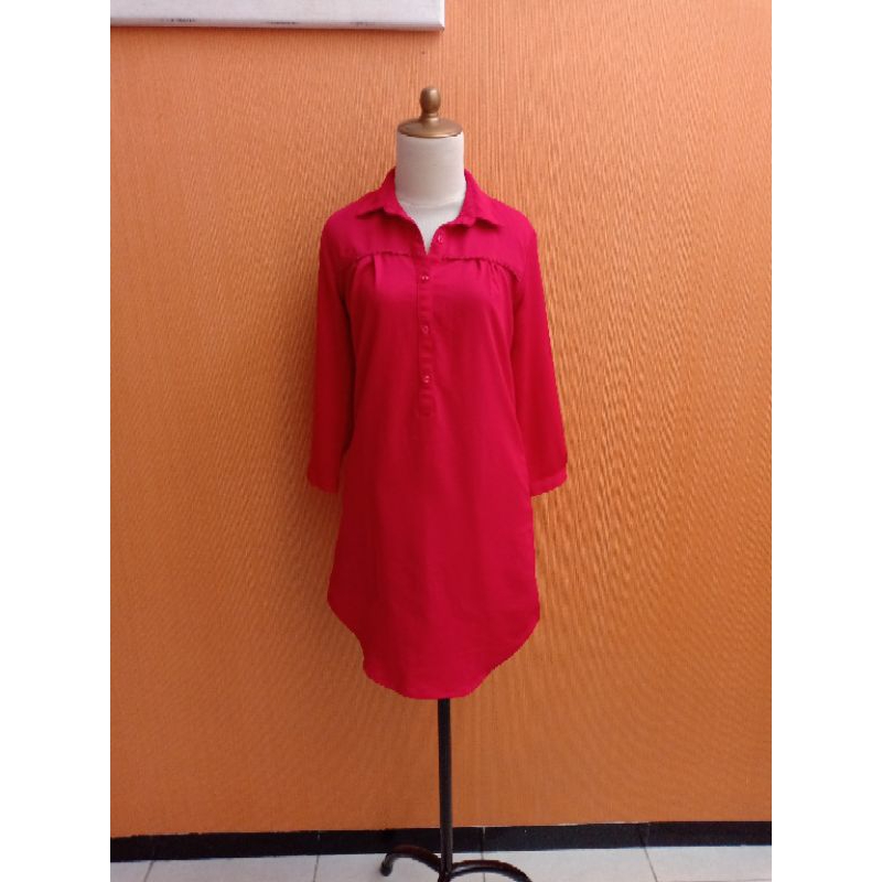 atasan wanita merah tunik NOVEL MICE cewek M santai kemeja