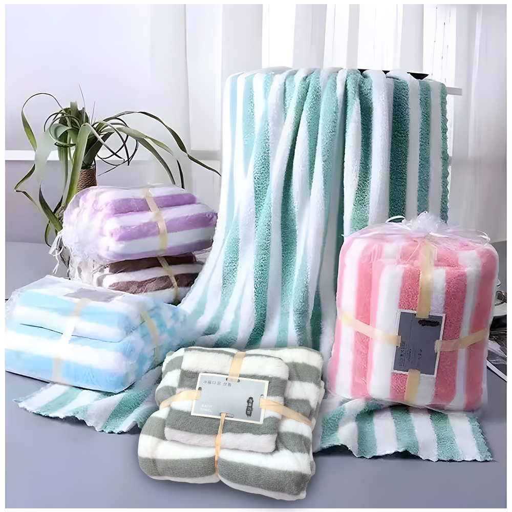 Handuk 2in1 H16 Handuk Mandi Mikrofiber Tebal Lembut Menyerap Air Bath Towel Sets Soft Fluffy Motif Salur