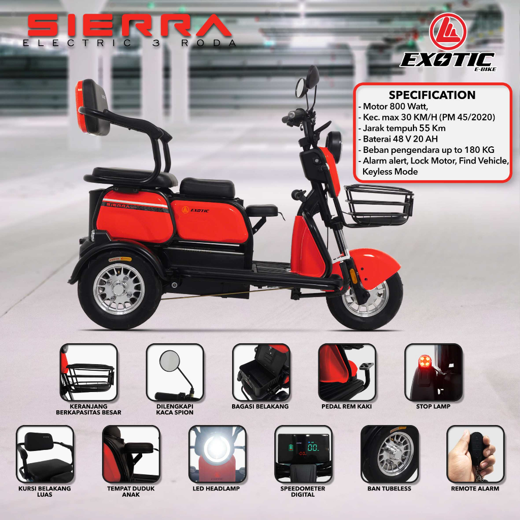 Motor Listrik Roda 3 Exotic Sierra 48V800W Electric Motorcycle