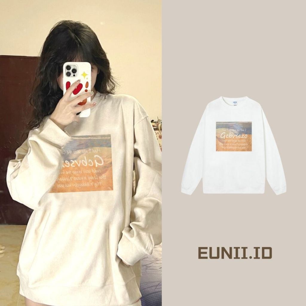 EUNII Sweater Lengan Panjang Vintage Sunset Printing Korean Style/Sweater Crop/Baju Wanita/Switer Wanita/Switer