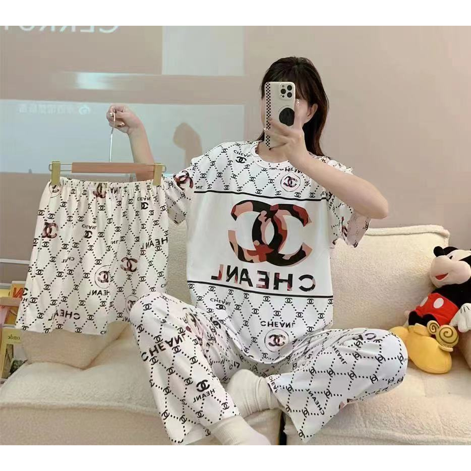 (Hello Girl)SY06 Set Piyama  Baju Tidur Wanita 3IN1 Motif Kartun Gaya Korea  Import