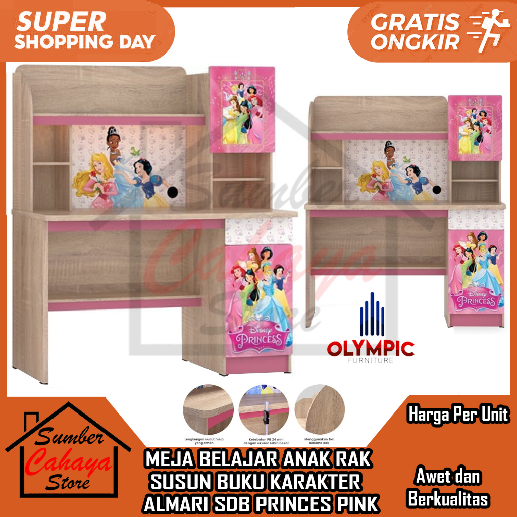 [Kargo] MEJA BELAJAR ANAK RAK SUSUN BUKU KARAKTER SDB PRINCESS OLYMPIC MINIMALIS BANGKU LAPTOP KRAKT