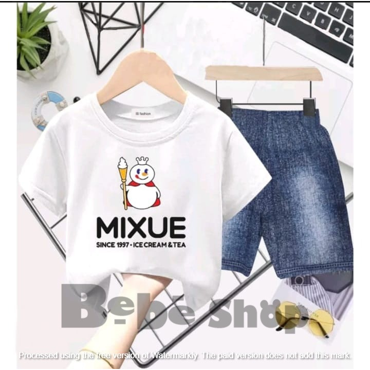 Setelan baju anak cewek cowok karakter Mixue celana denim usia 1smpai 6 tahun