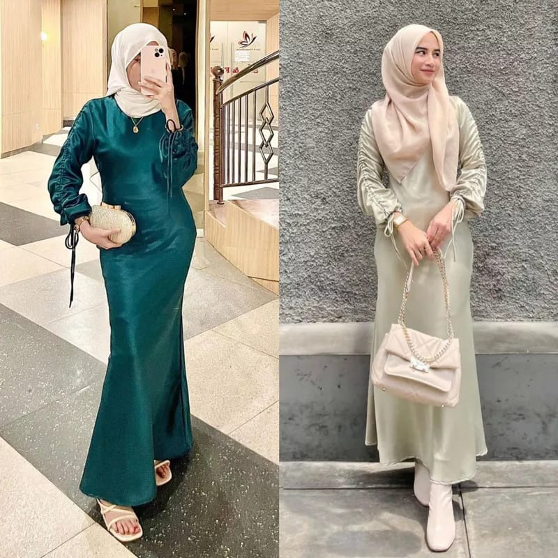 Jeny Dress Mermaid Lengan Serut Satin Silk Premium Gamis Duyung Terbaru Kekinian