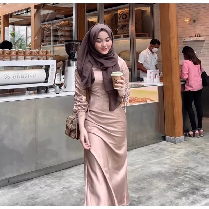 Jeny Dress Mermaid Lengan Serut Satin Silk Premium Gamis Duyung Terbaru Kekinian