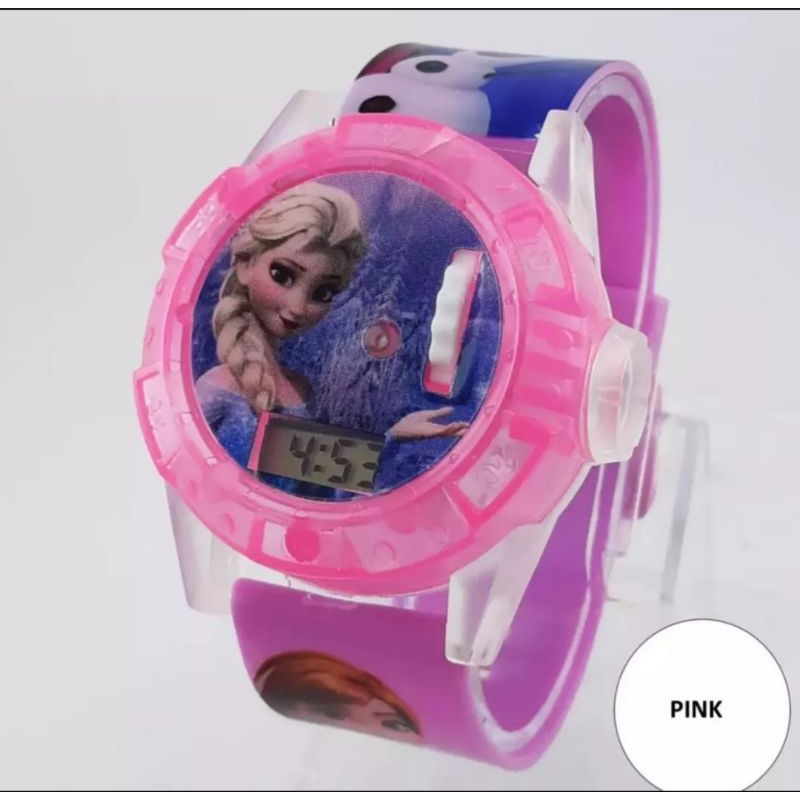 Jam Tangan Anak Perempuan Digital Lampu Musik Laser Karakter Frozen