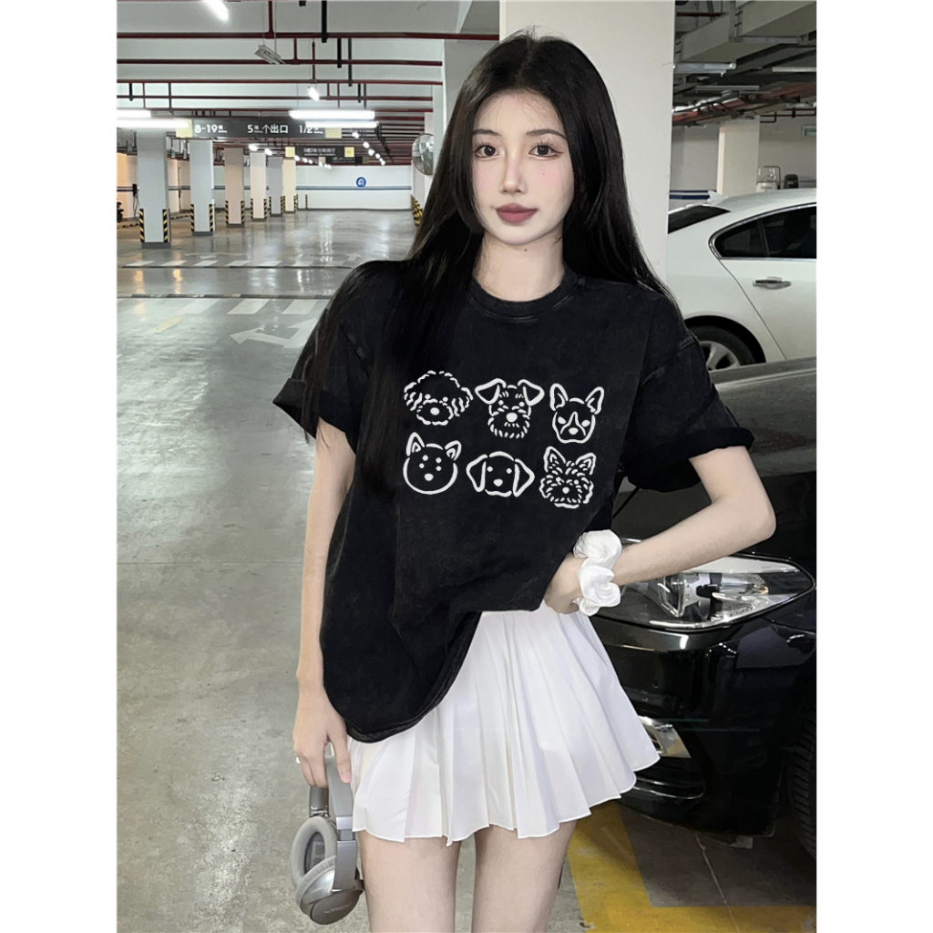 XIAOZHAINV Korean Style Six Puppies Pattern Washed Printing Kaos Wanita A0189/Atasan Wanita Terbaru