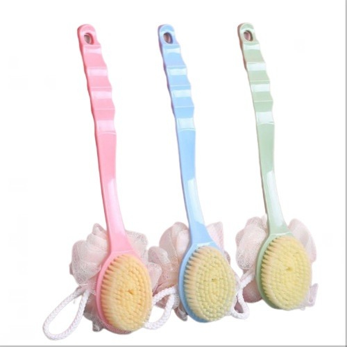 Minigo Sikat Punggung Shower Puff 2in1 / Alat Bantu Pembersih Penggosok Badan 2 Sisi / Body Brush + Spons Double Side Long Handle