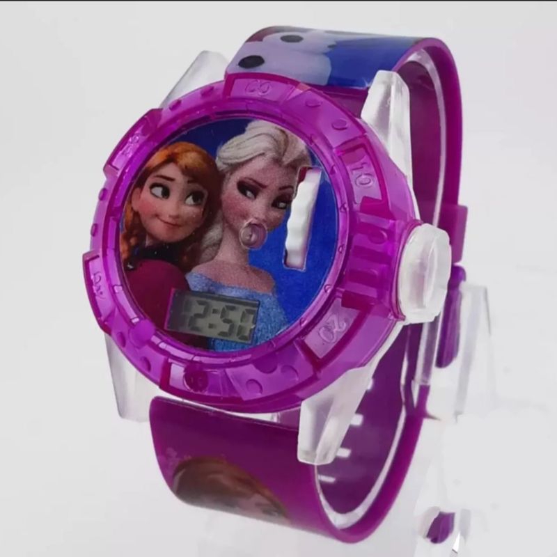 Jam Tangan Anak Perempuan Digital Lampu Musik Laser Karakter Frozen