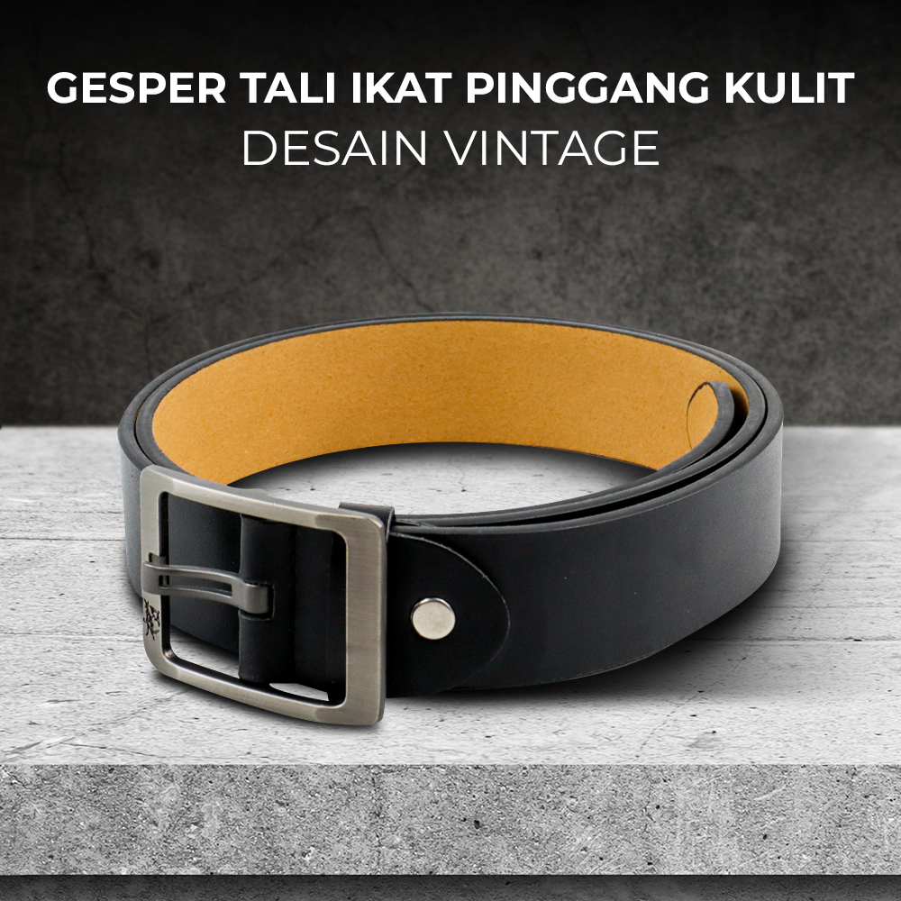 Gesper Tali Ikat Pinggang Kulit Pria Desain Vintage - HT10 - Black