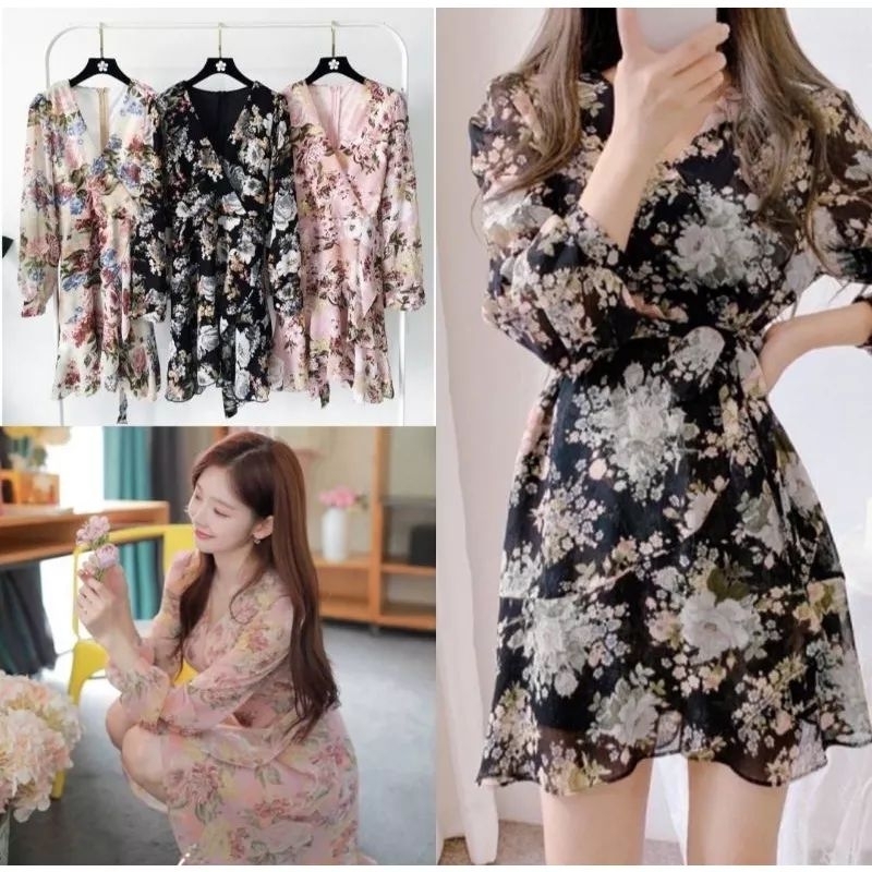 SUMMER DRESS MINI ROK PENDEK PANTAI FLORAL FLOWER FLOWERED BUNGA KEMBANG WARNA WARNI DASAR KREM CREAM KUITAS IMPOR IMPORT BLOSSOM TANGAN PANJANG LENGAN KERAH V NECK LEHER TERUSAN SET WANITA DEWASA GADIS BELIA MUDA