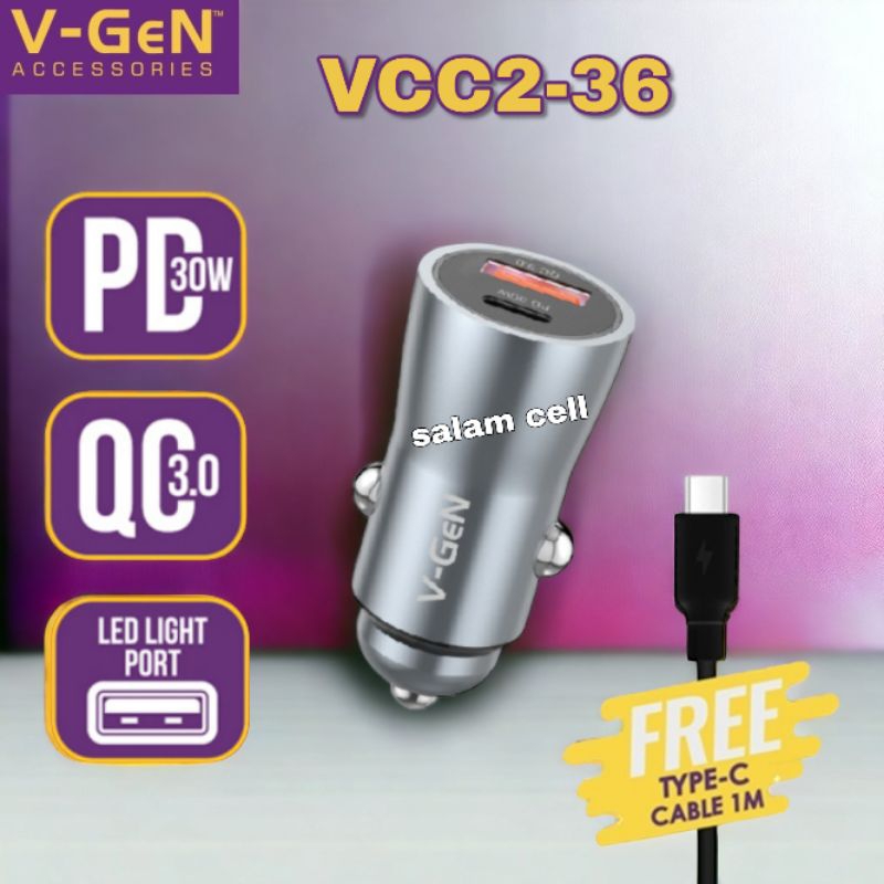 Charger Mobil V-Gen VCC2-36 Fast Car Charger USB 2 PORT PD 30W QC3.0 LED LIGHT PORT