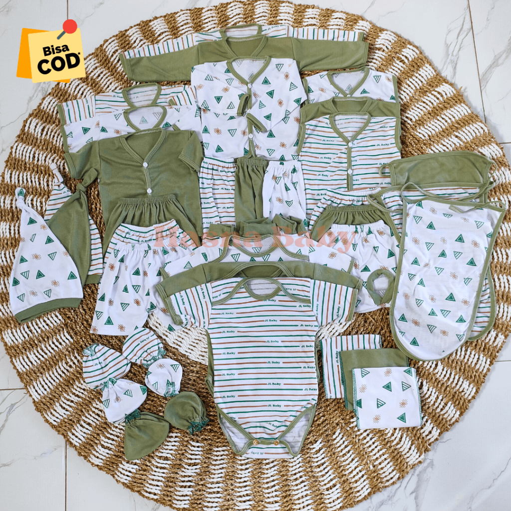 36 Pcs Paket Lahiran Lengkap Baju Bayi Celana Bayi Baru Lahir seri Hijau Sage Karakter Lucu, Sartaki, Jumper, Popok Tali, Baby Newborn Gift Set -Juragan Lebak