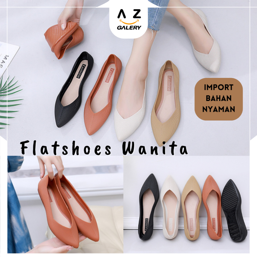 Azgalery SPT-74 / Flatshoes Wanita Ujung Lancip Sepatu Kerja Kantoran Kuliah Wanit Remaja Dewasa Kekinian Import Bahan PVC Nyaman Lembut Dipakai