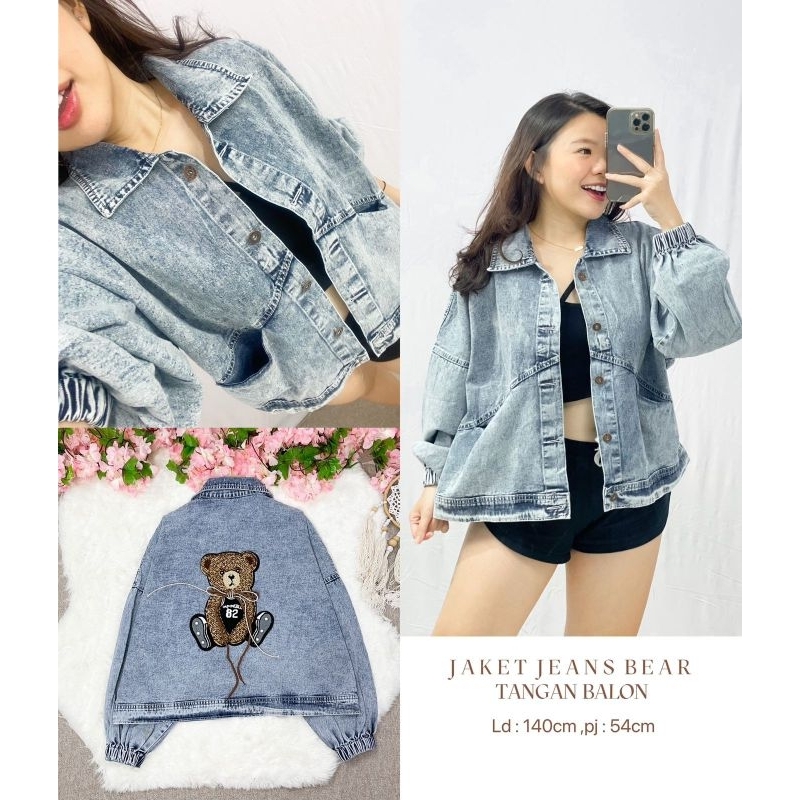 MDLV ~ Jaket Jeans Bear Tangan Balon CJ Hoodie Tali Bear