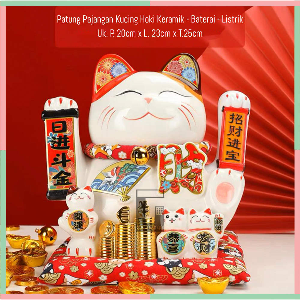 Patung Pajangan Hiasan Boneka Dekorasi Kucing Bawa Panggil Rejeki Rezeki Hoki Maneki Neko Maneko Neki ManekiNeko Lucky Cat Keberuntungan Keramik Baterai Batrai Batre Listrik Tangan Goyang Gerak Meja Etalase Toko Resto Cafe Cina China Jepang Putih Medium