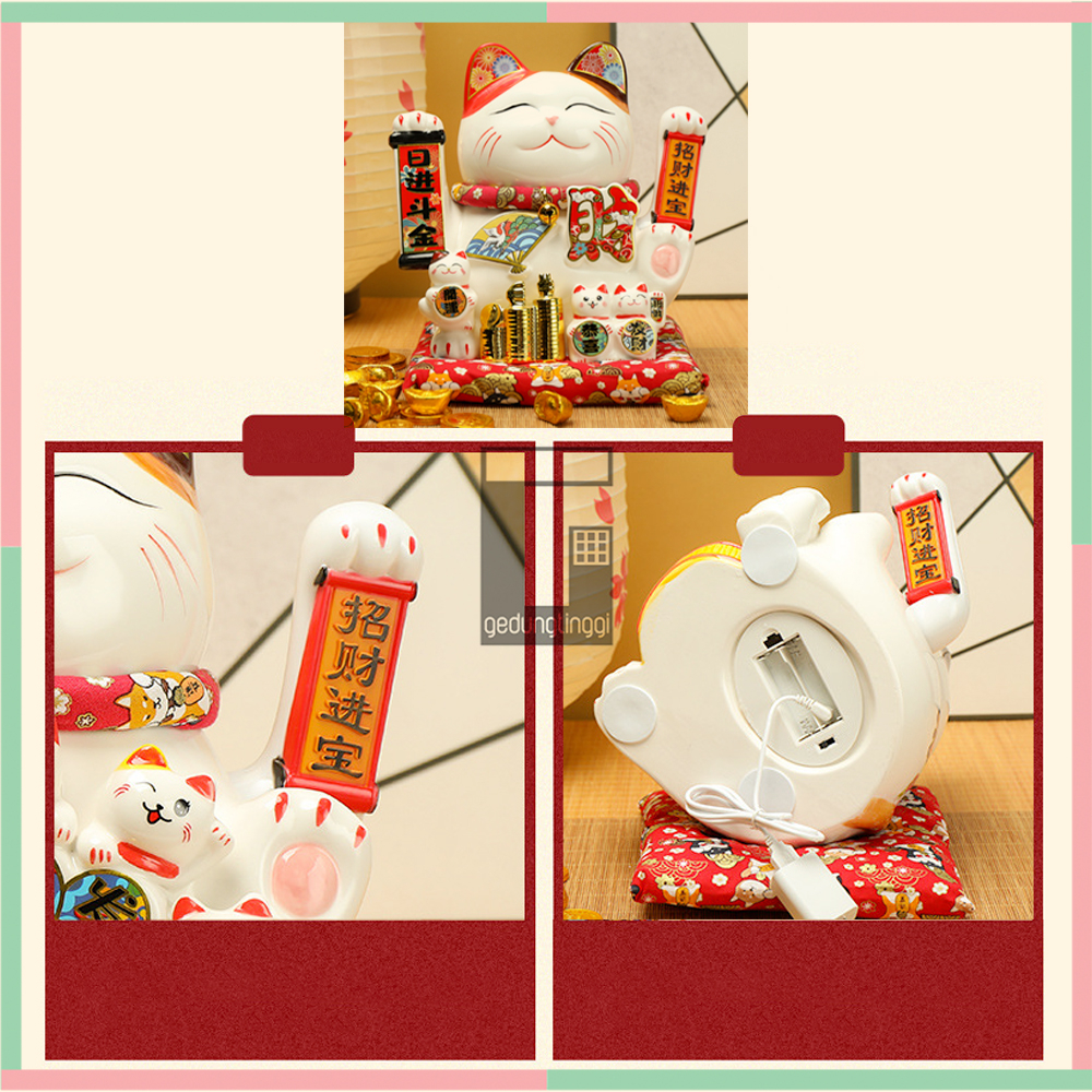 Pajangan Hiasan Patung Boneka Kucing Hoki Rejeki Lucky Cat Maneki Neko Maneko Neki Keberuntungan Keramik Ceramic Porselen China Cina Jepang Baterai Batre Batrai Batrei Listrik Ukuran Besar Big Size XL XXL 3XL Sedang Medium Kecil Small Toko Cafe Kafe Kasir