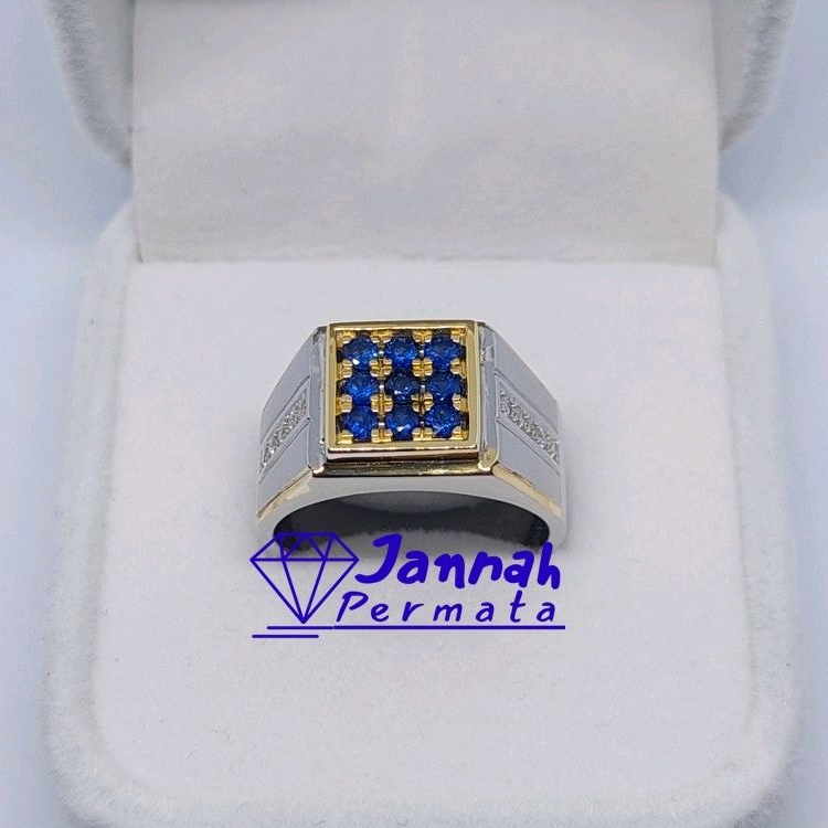 Cincin Berlian Pria Natural Berlian Asli Original Blue Sapphire Safir Diamond Intan Perak Murah