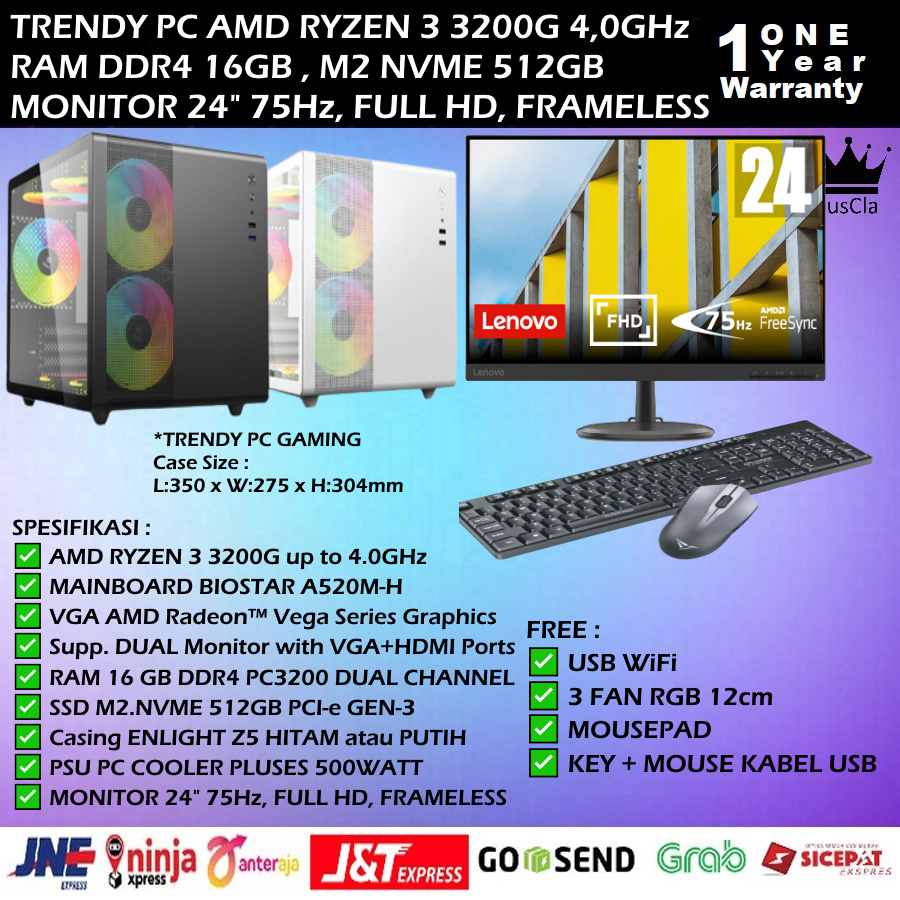 GAMING KOMPUTER AMD RYZEN 3 3200G 4,0GHz|RAM 16GB|SSD NVME 512B|WiFi, PC Komputer GAMING, Baru Bergaransi 1 Tahun