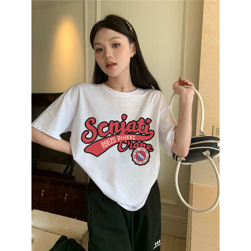 XiaoZhaiNv Kaos Atasan Oversize Wanita Red Letters Pattern Lengan Pendek A0286