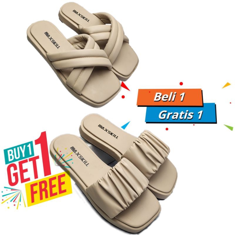 buy 1 get free 1 ( beli 1 gratis 1 ) sandal wanita slop silang maxskill desain simpel style Korea