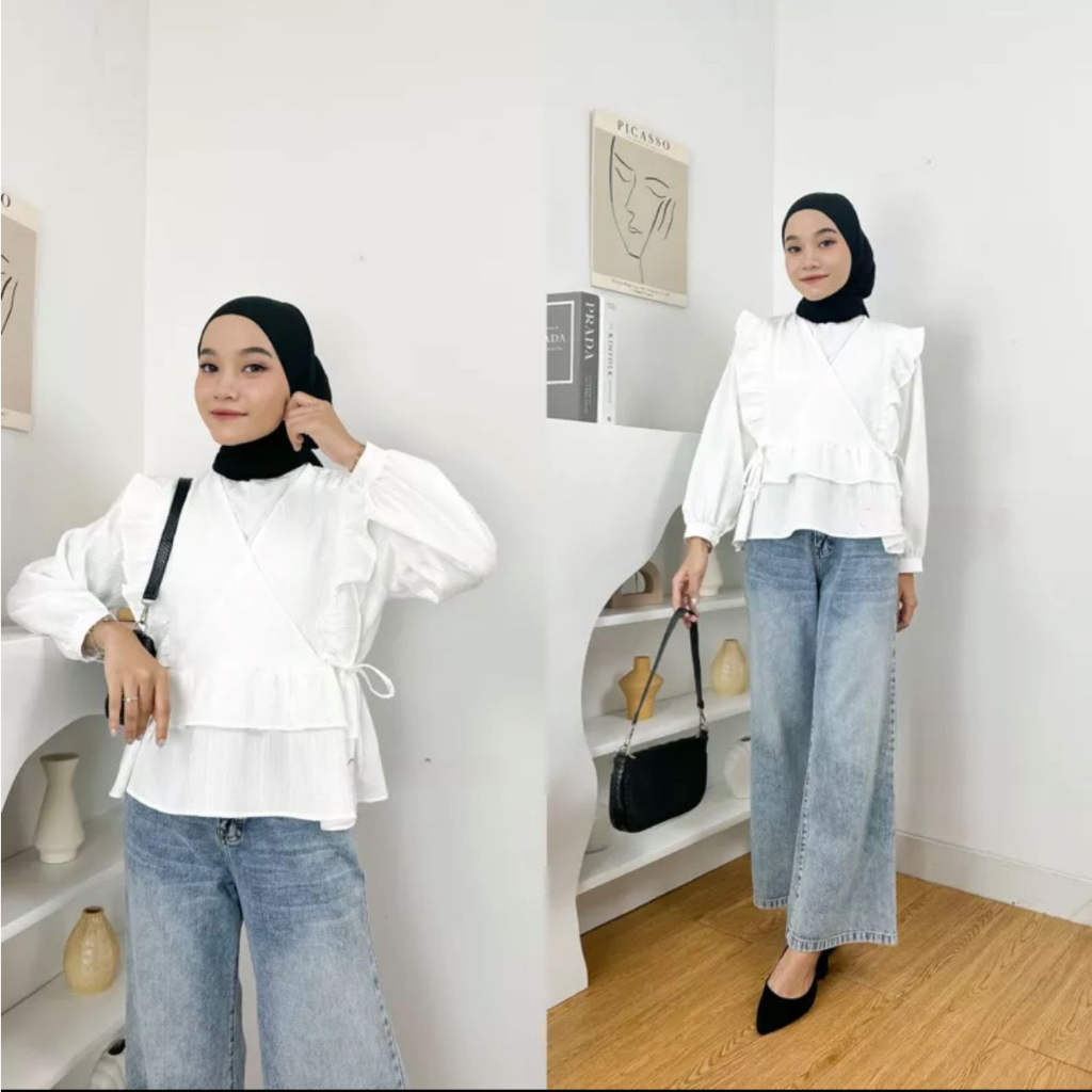 Sani Blouse Lady Crush Atasan Wanita Semi Outer Kerah Vneck Lengan Panjang Korean Style OOTD Remaja Kekinian