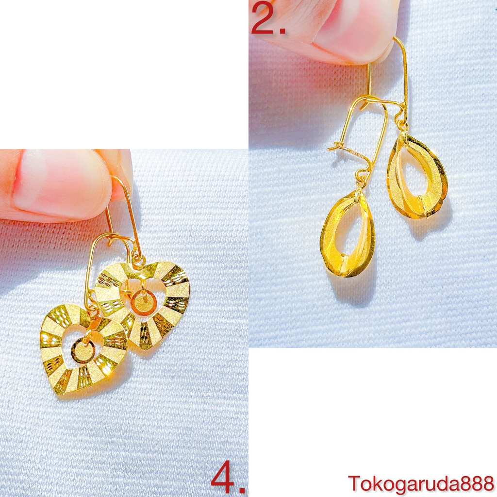 Anting drop anak dan dewasa emas asli kadar 700 16k love bunga cap doff 3D kerabu desi gantung pipih timun tear