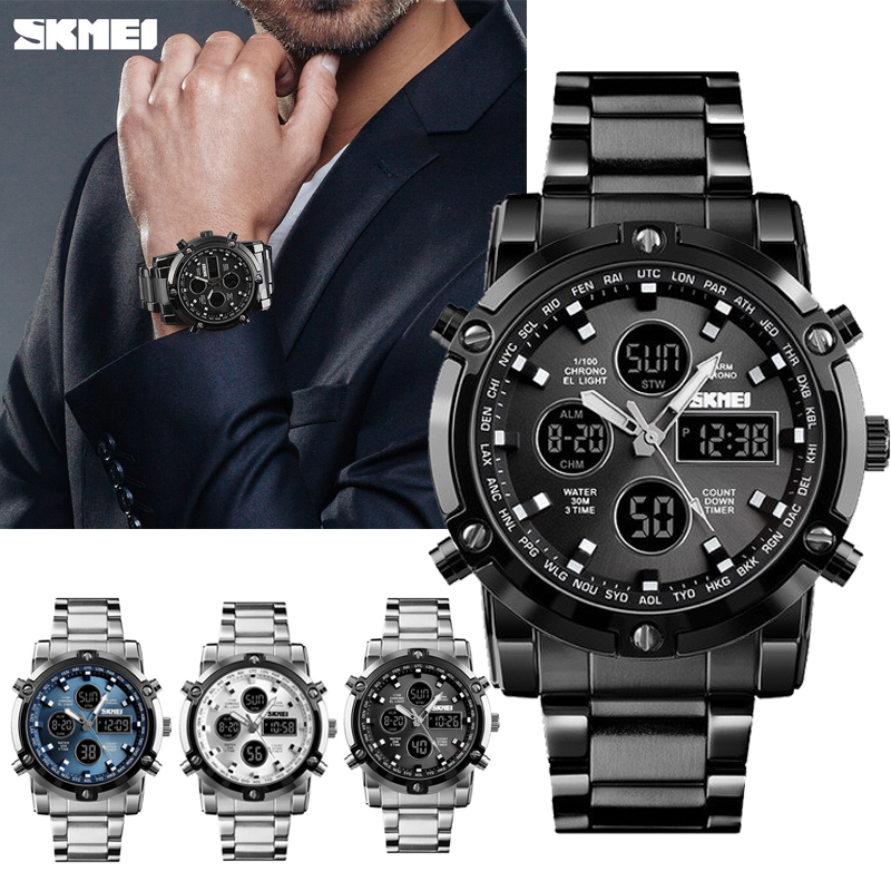 SKMEI Jam Tangan Pria Kasual Digital Analog Dual Time Anti Air WR30M Tali Rantai Besi Stainless