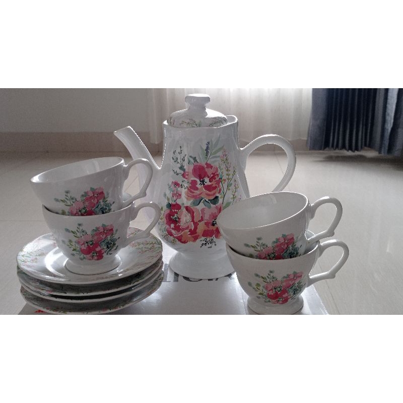 New Delicia Tea Set 10 pcs Teko & Cangkir Premium Porcelain Motif Bunga-Pink