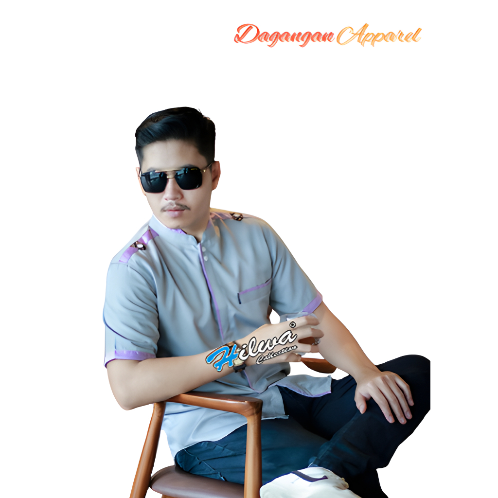 Baju Koko Pria Lengan Pendek Saku Paspoal Kiri Motif Marko Warna Abu Abu Polos Kombinasi Bordir Hilw