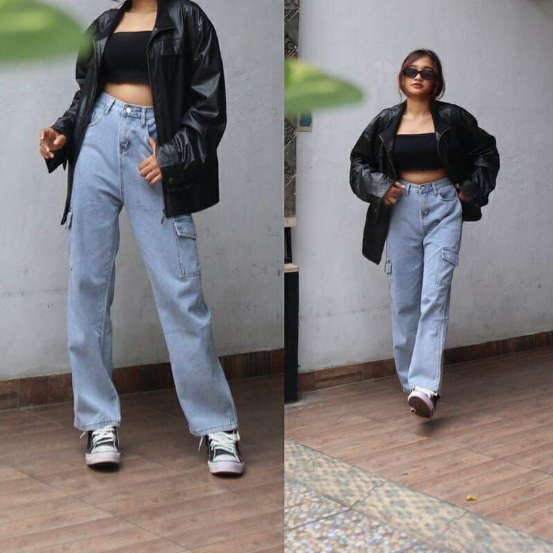 CELANA CARGO JEANS WANITA PREMIUM/CELANA CARGO JEANS