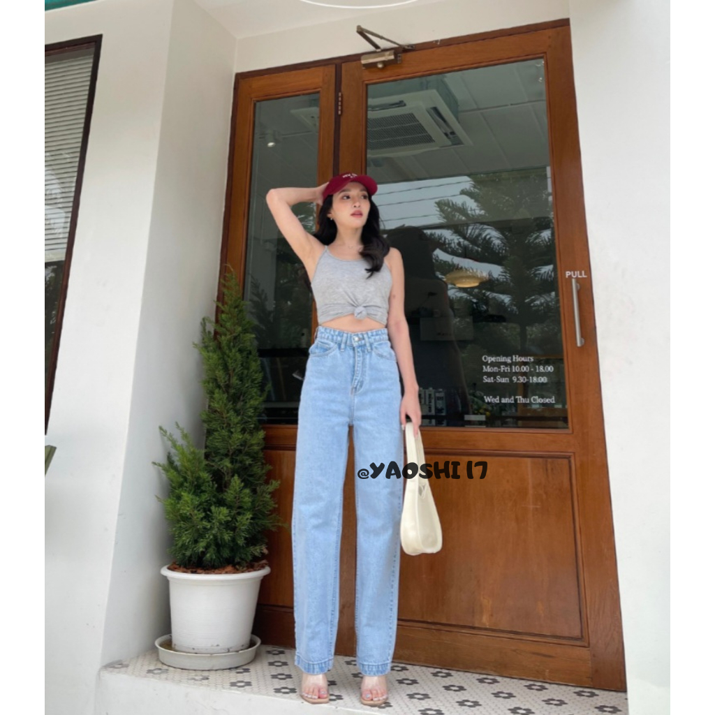 YAOSHI - Celana panjang Highwaist Jeans Wanita - Boyfriend Kulot loose  jeans basic lipat Gaya Korea