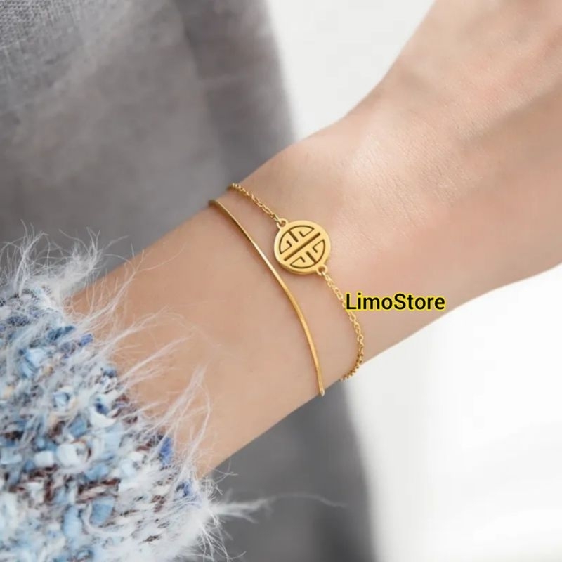 Gelang Titanium Wanita Bandul Koin Gold Fashion Wanita Terlaris Terbaru Anti Karat Selamanya Gelang 2 Layer Perhiasan Wanita Kekinian