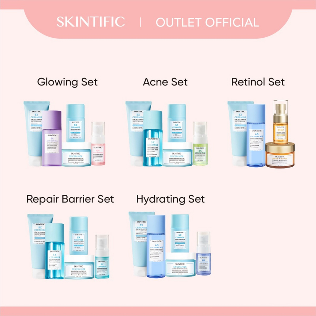 SKINTIFIC 5pcs set with sunscreen - Low pH Cleanser + Ceramide Moisture Gel + Ceramide Serum Sunscreen + Exfoliating Toner / Soothing Toner + Niacinamide Brightening Serum / Anti Acne Serum / Barrier improve Serum / Hydrating Serum 【BPOM】