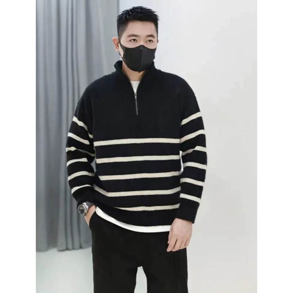 RH - BAJU RAJUT SWEATER ZIPPER RESLETING KERAH TINGGI BELANG GARIS KECIL RAJUTAN