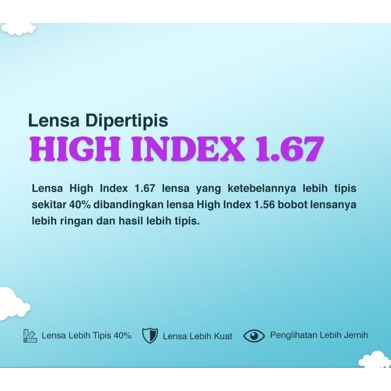 Lensa kacamata Tipis Hi index 1.67 / Lensa CRMC 1.67 / Lensa Blue-Ray 1.67 / Lensa BlueChromic 1.67