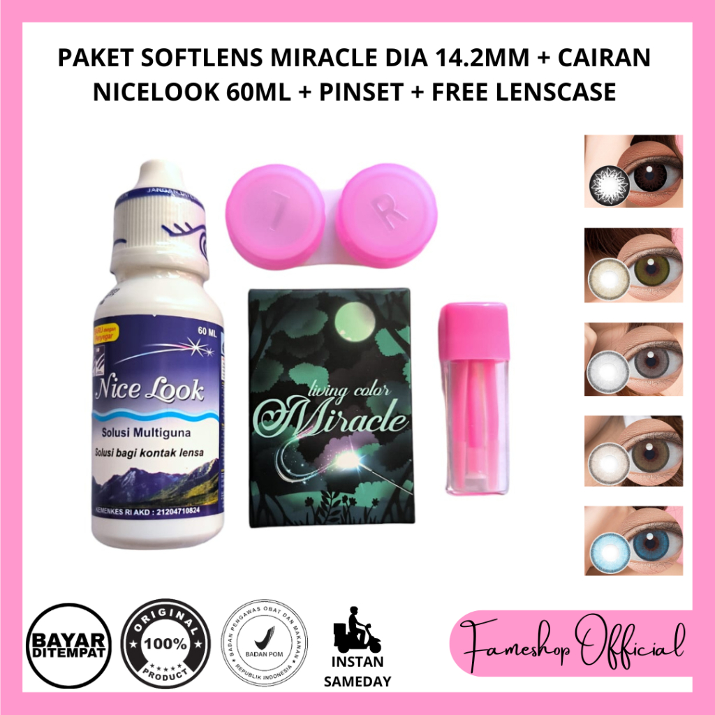 PAKET SOFTLENS LIVING COLOR MIRACLE 14.2MM + CAIRAN NICELOOK 60ML + PINSET + FREE LENCASE