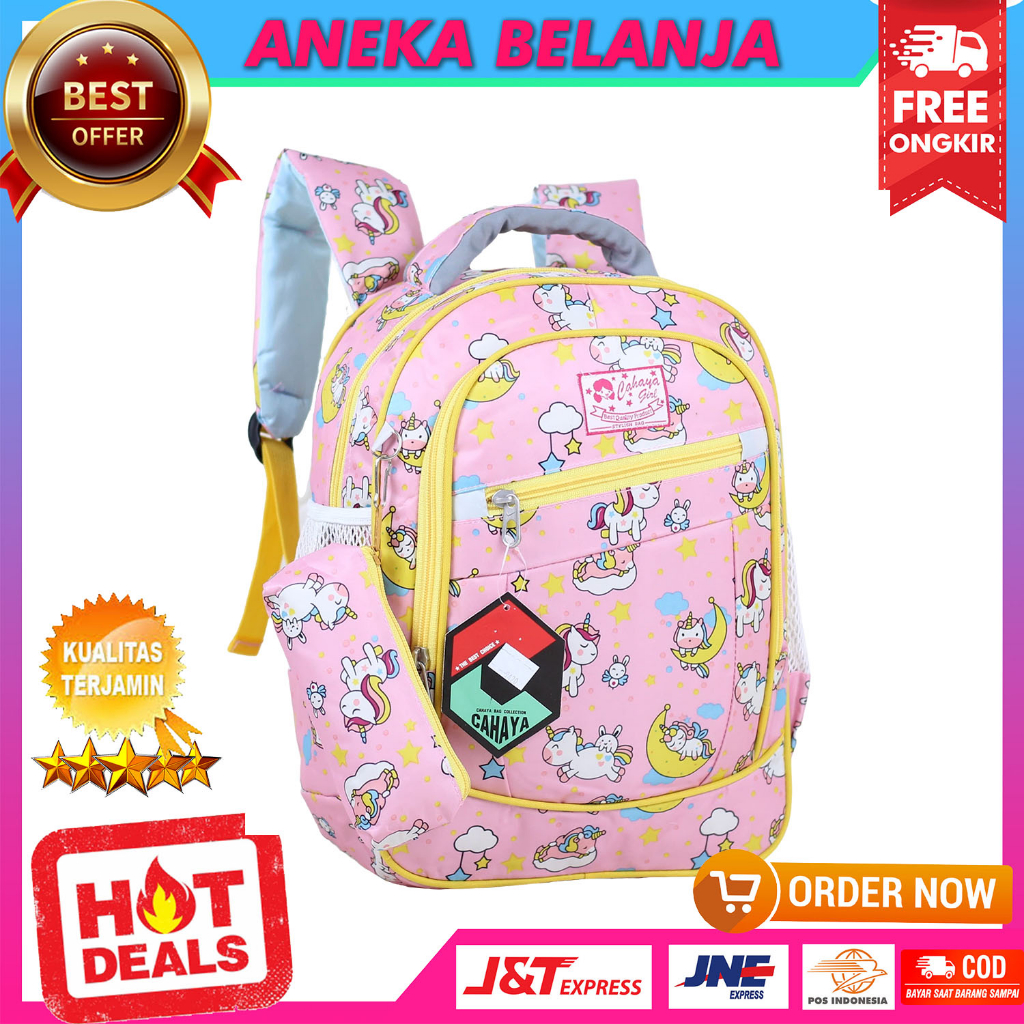 Tas Ransel Sekolah Anak Perempuan Motif Cahaya Pony Bulan Pink Terbaru Backpack Anak Cewek Impor TK SD SMP Bonus Raincover Dan Tempat Pensil Murah Tas Gendong Anak Ngaji LES Trendy Korean Style Bahan Tebal Kuat Berkualitas Tas Anak Fashionable Kekinian