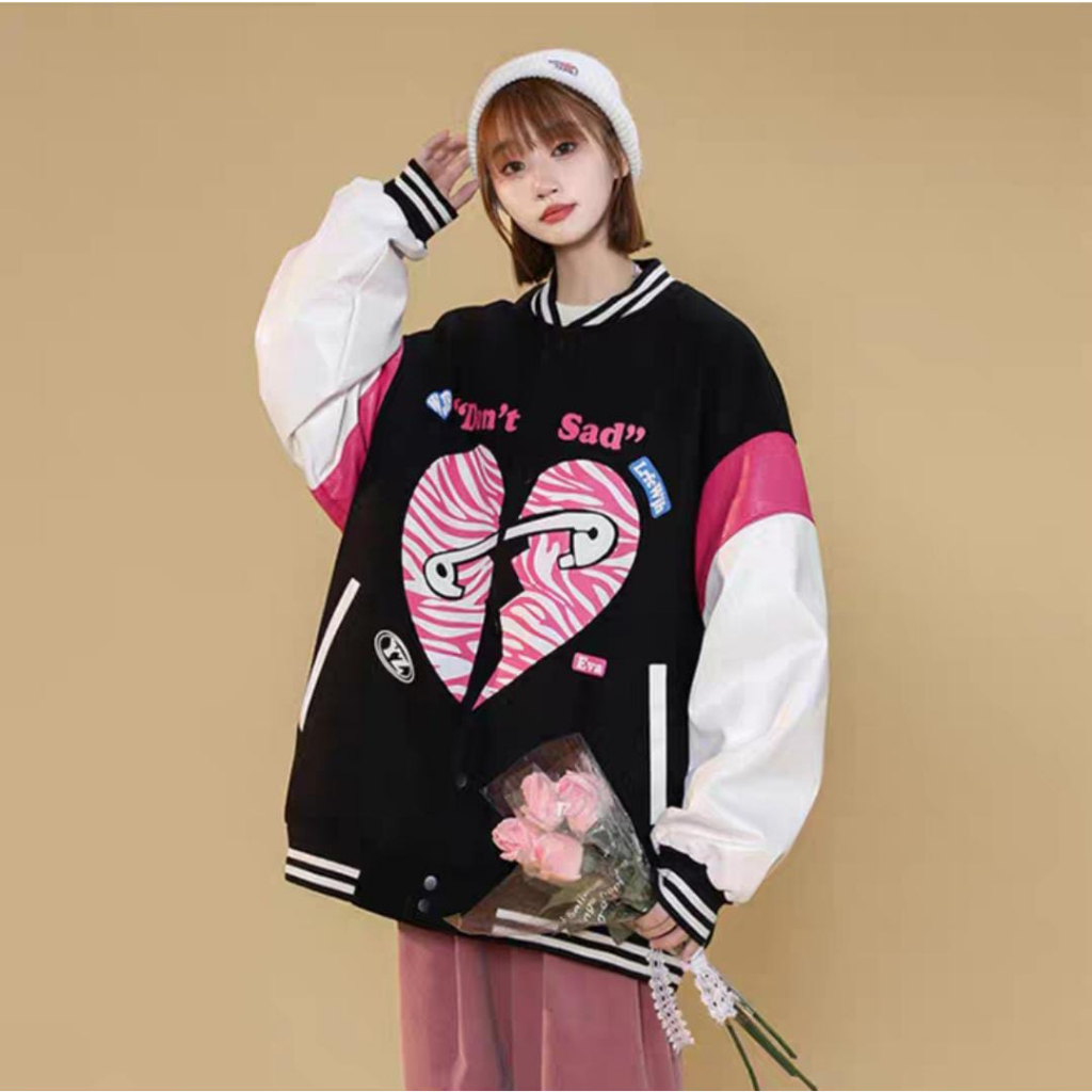 LD 130 HEART PIN BASEBALL JACKET OUTWEAR JAKET WANITA GAYA SPORTY KOREA (PH)