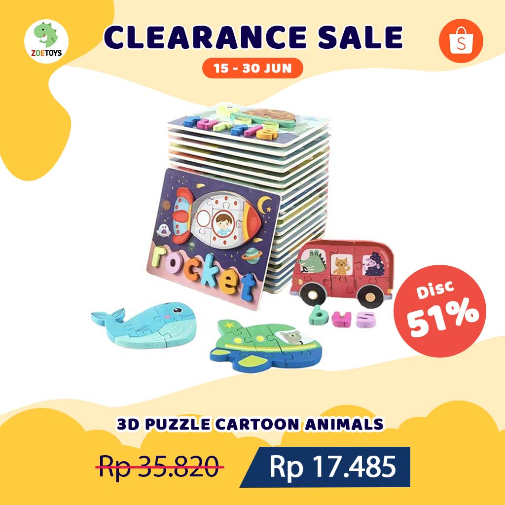 Zoetoys 3D Puzzle Cartoon Animals | Baby Wooden Montessori Toys Vehicle 3D Jigsaw Kayu Timbul | Mainan Edukasi Anak