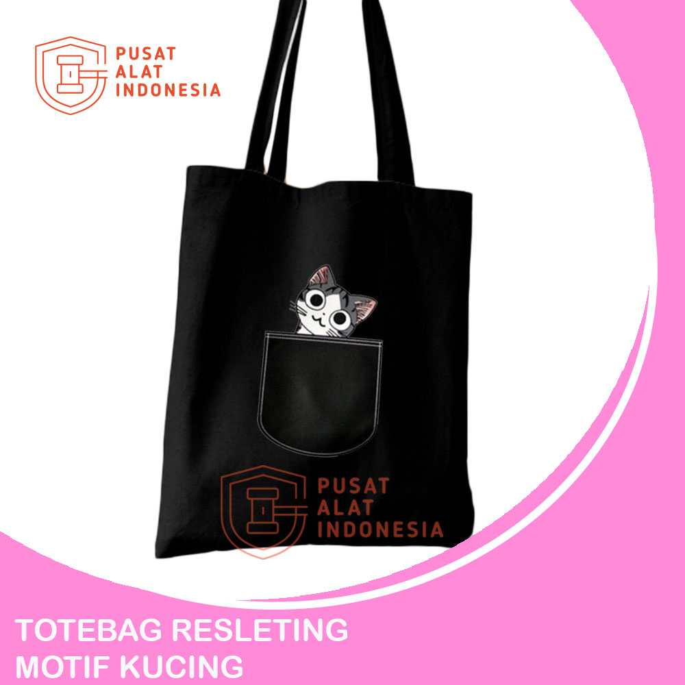 Totebag Wanita Resleting Tas Tote Bag Motif Kucing 35x40cm TB01