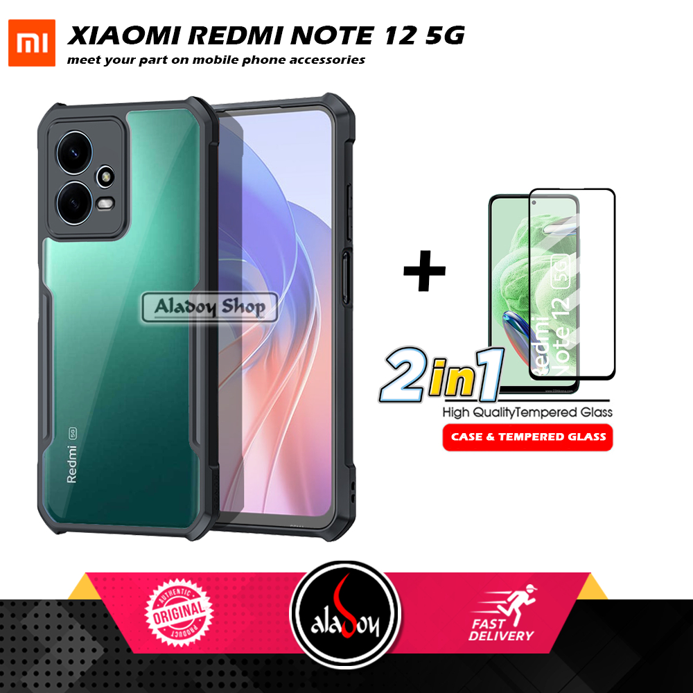 Case Xiaomi Redmi Note 12 5G Armor Shockproof Transparent Premium Casing + Tempered Glass Full Layar